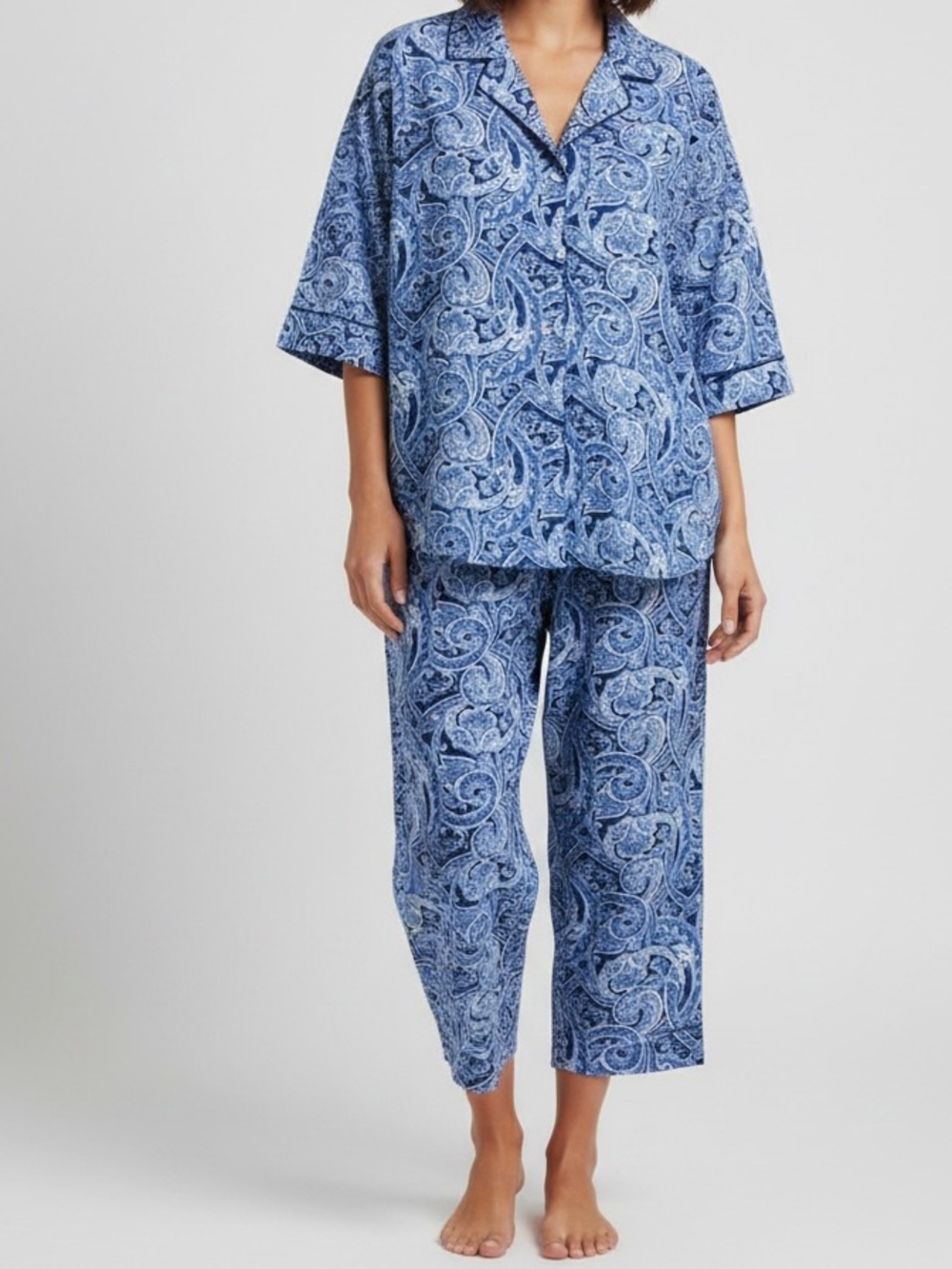 Lauren Ralph Lauren PJs Pajamas Blue Paisley Short-Sleeve Button Front XL NWOT